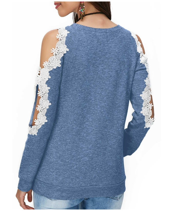 Cold Shoulder Lace Panel Blue Blouse